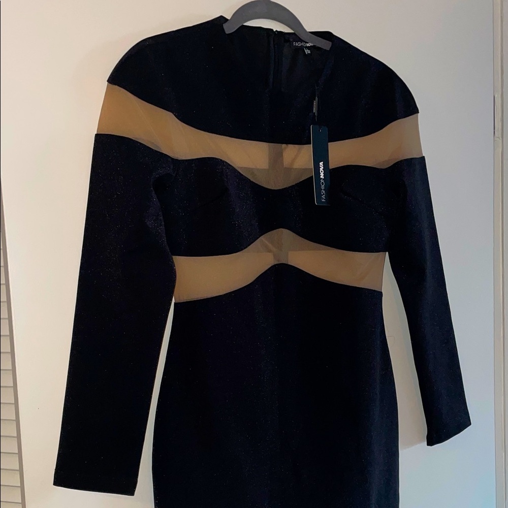 Fashion Nova Black and Tan Long Sleeve Dress